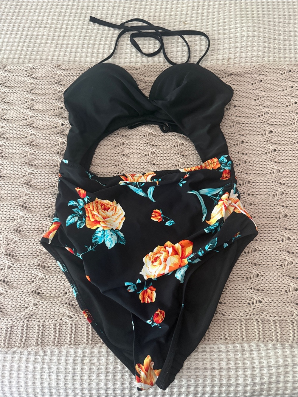 Cupshe Black One-Piece Swimsuit with Orange Floral Print